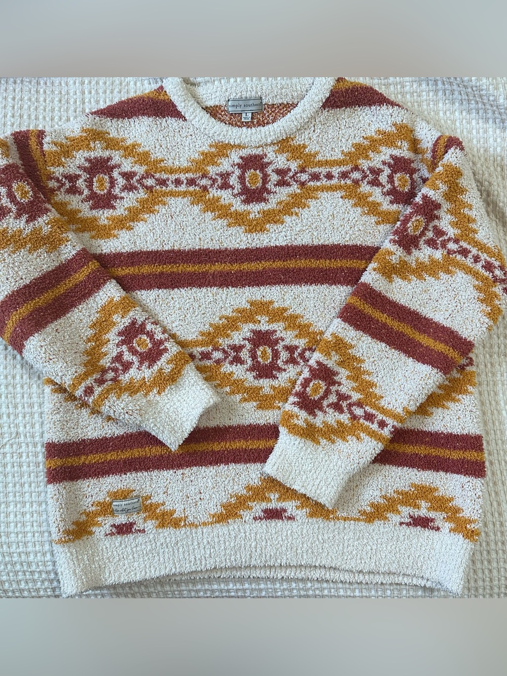 Simply Southern Cream Sweater with Rust and Mustard Aztec Pattern